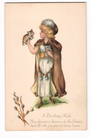Illustrated Birthday Wish Postcard: Young Girl with Two Kittens by M Dulk, Gibson Art Co.