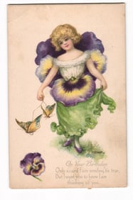 Birthday Greetings Postcard: Girl in Pansy Dress with Butterflies, Artist M.DulK, circa 1915