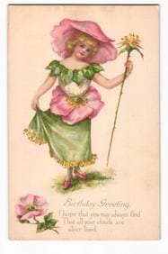 Postcard: Woman in Rose Costume, "Birthday Greeting," Gibson Art Co., Artist Initials M D W K