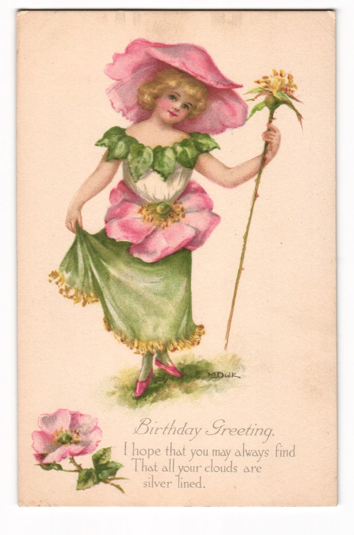 Postcard: Woman in Rose Costume, "Birthday Greeting," Gibson Art Co., Artist Initials M D W K (1 of 2)
