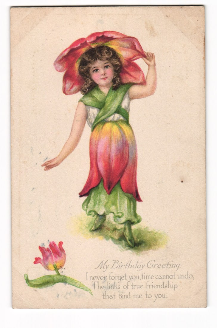 Anthropomorphic Flower Girl 'My Birthday Greeting' Verse Embossed Postcard, 1911 Postmark (1 of 2)
