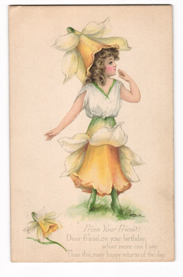 Antique Illustrated Birthday Postcard: Young Girl in Daffodil Costume by M.DULK, 1916 Postmark (1 of 2)