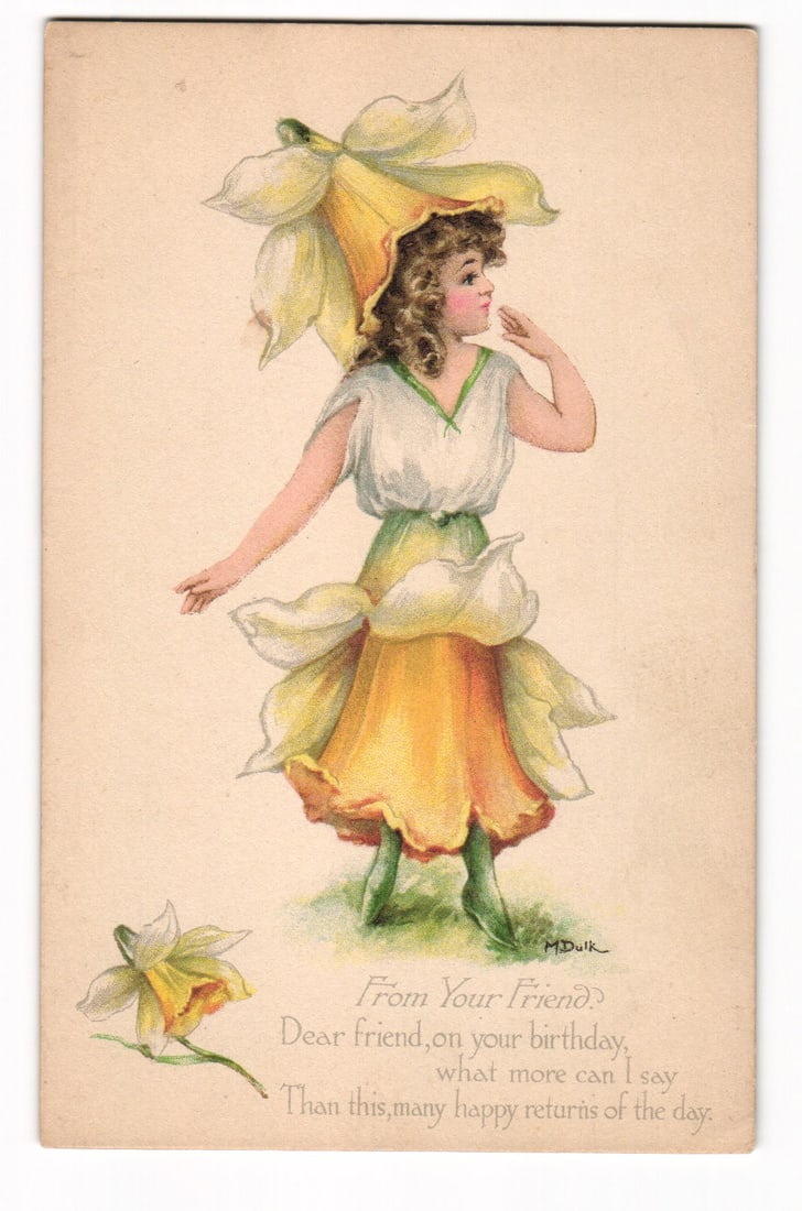 Anthropomorphic Daffodil Flower Girl Birthday Greeting Postcard, Signed M.Dulk, circa 1909 (1 of 2)