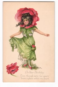 Gibson Art Co. Birthday Postcard: Girl in Red Poppy Costume, "On Your Birthday" Verse