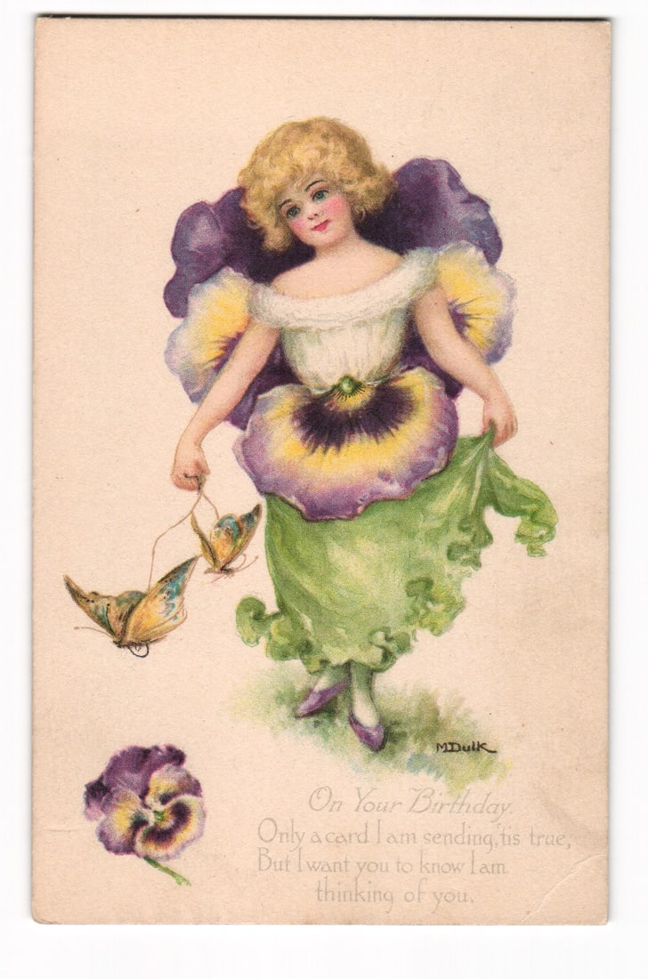 M. Dulk Illustrated Birthday Postcard: Pansy Girl with Butterflies and Verse, Gibson Art Co. (1 of 2)