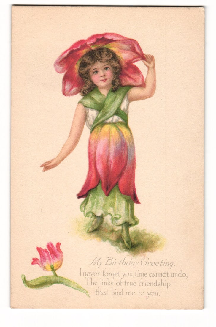 Birthday Greeting Postcard: Girl in Flower Costume, Tulip Motif, Gibson Art Co. Cincinnati (1 of 2)
