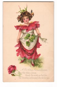 Illustrated Birthday Remembrance Postcard, Girl in Rose Dress, M. Dulk Artist Signed, 1916