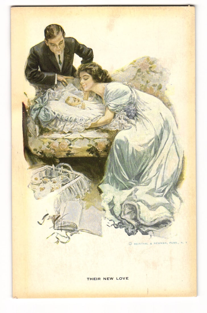 Illustrated Postcard 'Their New Love': Parents Admiring Newborn, Reinthal & Newman, Pubs., N.Y. (1 of 2)