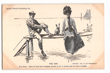 Early 1900s Detroit Publishing Co. Postcard: 'The Dog' Illustration, Man & Woman on Pier