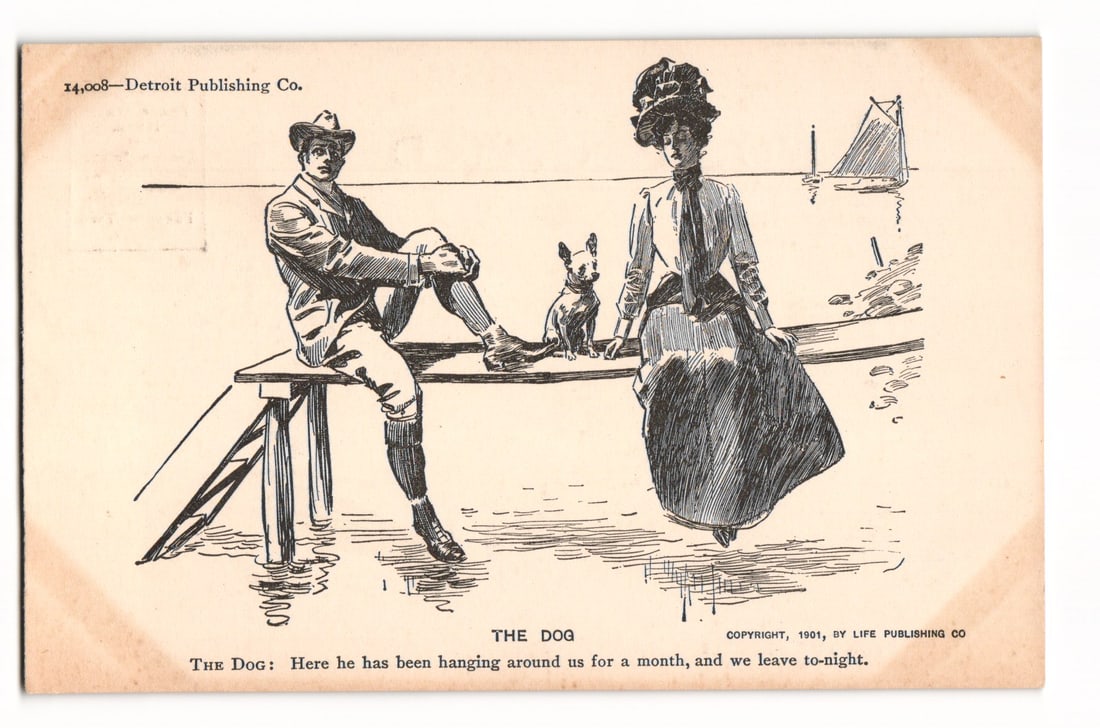 Early 1900s Detroit Publishing Co. Postcard: 'The Dog' Illustration, Man & Woman on Pier: A line drawing illustration depicts a man and a woman seated on a wooden pier, constructed with planks and pilings, extending over water, with a small, dark-colored dog positioned between them. The ma