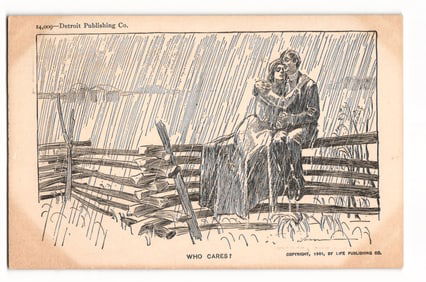 1901 Detroit Publishing Co. Postcard: Couple Embracing in Rain by a Wooden Fence - 'Who Cares?'