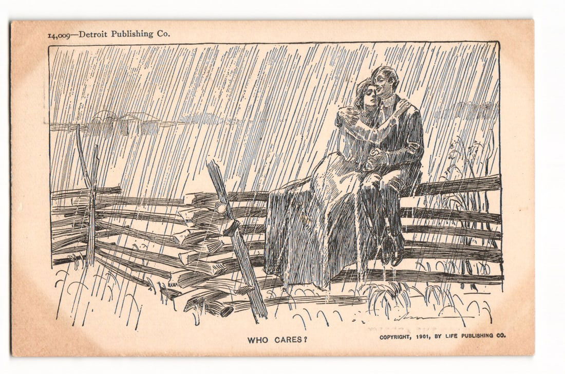 1901 Detroit Publishing Co. Postcard: Couple Embracing in Rain by a Wooden Fence - 'Who Cares?': The front of this printed postcard features a black and white line drawing illustration of a man and a woman embracing while seated on a wooden split-rail fence during a rain shower. The rain is depic