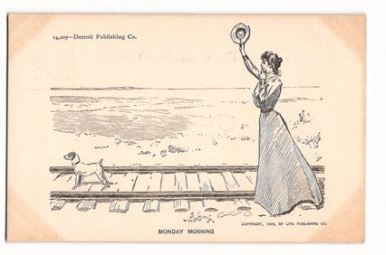 "Monday Morning" Woman Waving Hat, Dog on Railroad Tracks, 1900 Detroit Publishing Co. Postcard