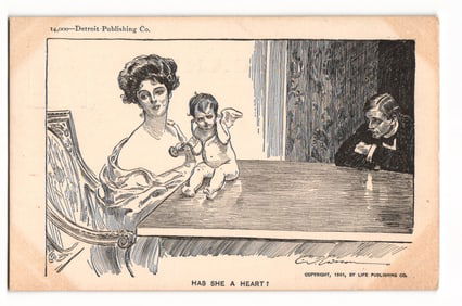 1901 Illustrated Postcard: Woman & Cupid at Table, Pensive Man, "HAS SHE A HEART?" Detroit Pub.