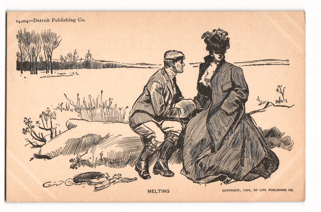 1909 "Melting" Illustration Postcard, Man and Woman in Outdoor Setting, Detroit Publishing: An illustration depicts a man and a woman in an outdoor setting. The man, attired in a cap, plaid jacket, breeches, and tall boots, is seated on a low embankment or log, facing right, towards the woma