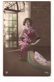 Early 20th C. Colorized Photo Postcard: Woman with Flowers, "A joyous Birthday" Inscription