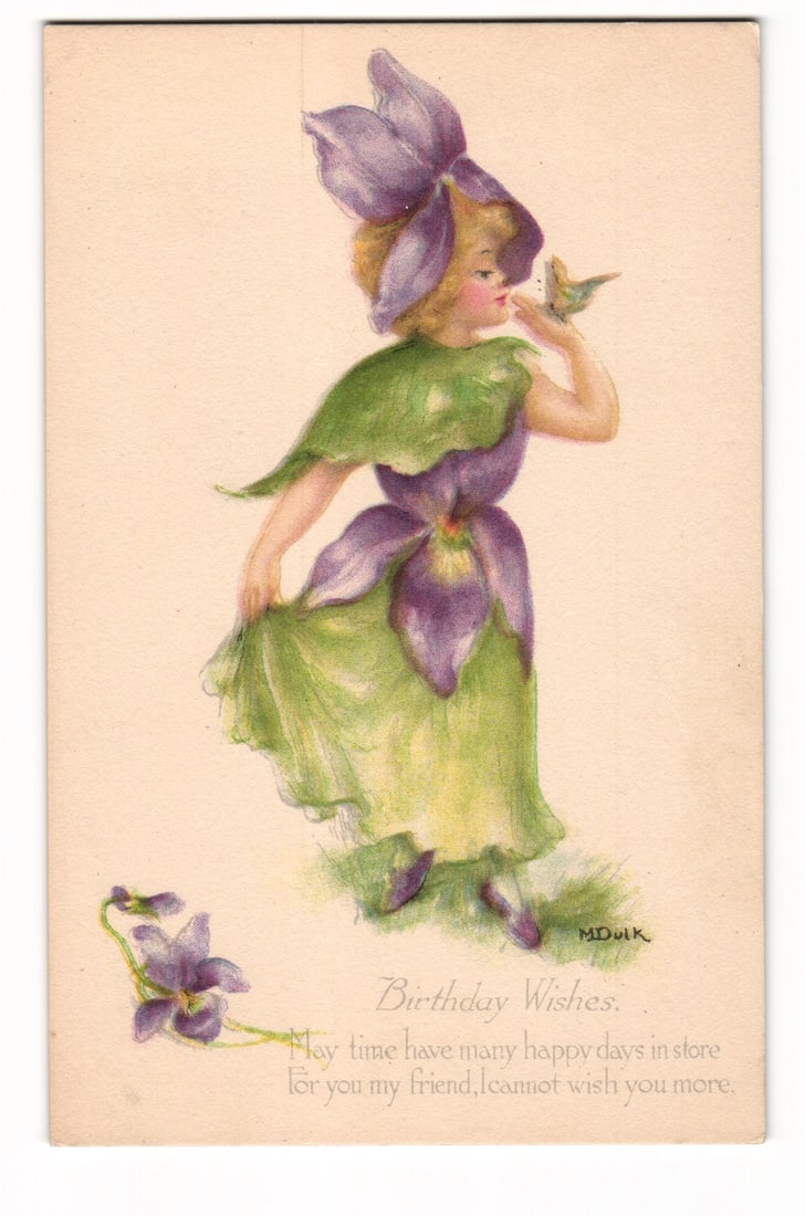MDUK Signed Birthday Postcard: Girl in Violet Costume & Bird, Gibson Art Co. Cincinnati (1 of 2)