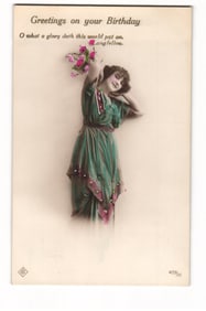 Woman in Draped Gown with Flowers, "Greetings on your Birthday" Longfellow Quote Postcard