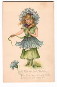 My Wish for Your Birthday Postcard: Girl in Blue Flower Outfit, Signed MDWK, Gibson Lines
