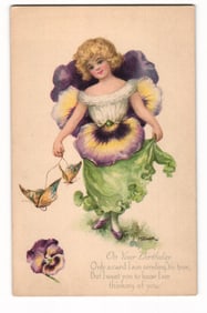 Antique Birthday Postcard: Girl Dressed as Pansy Flower with Butterflies, Dated March 10, 1917