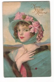 Penrhyn Stanlaws "Many Happy Returns" Postcard: Woman in Hat with Roses, Edward Gross Co. No. 11
