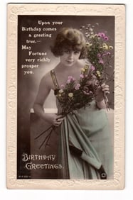 RPPC Birthday Greetings Postcard: Woman with Flowers, Rotary Photo, Ipswich 1923 Postmark