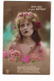 Birthday Postcard: Woman with Floral Crown, Color-Tinted Photo, Sent Huddersfield 1910