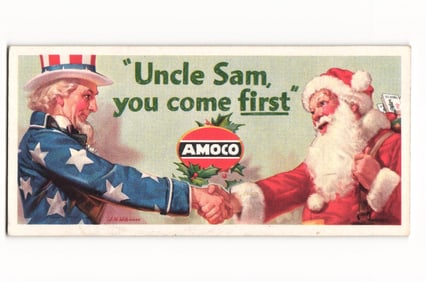 AMOCO Advertising Postcard: Uncle Sam & Santa Claus, "Uncle Sam, you come first" Illustration