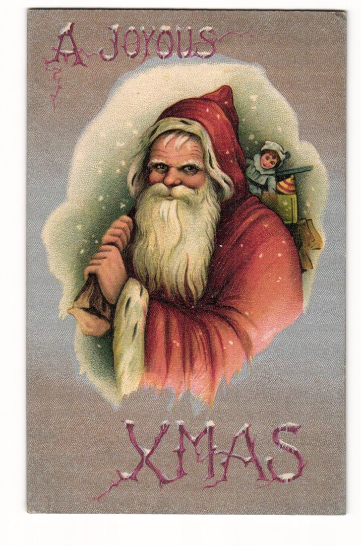 A Joyous Xmas Santa Claus with Child and Toys, German Printed Chromolithograph Postcard No. 1958 (1 of 2)