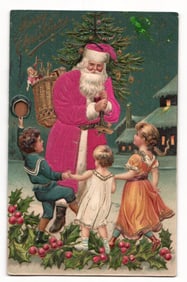 Antique Christmas postcard: Santa Claus with children dancing, Christmas tree, circa 1907, embossed