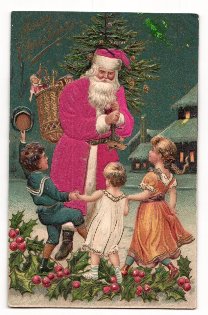 Embossed German postcard of Santa dancing with children with Dec 24th 1907 Christmas Eve Postmark (1 of 2)
