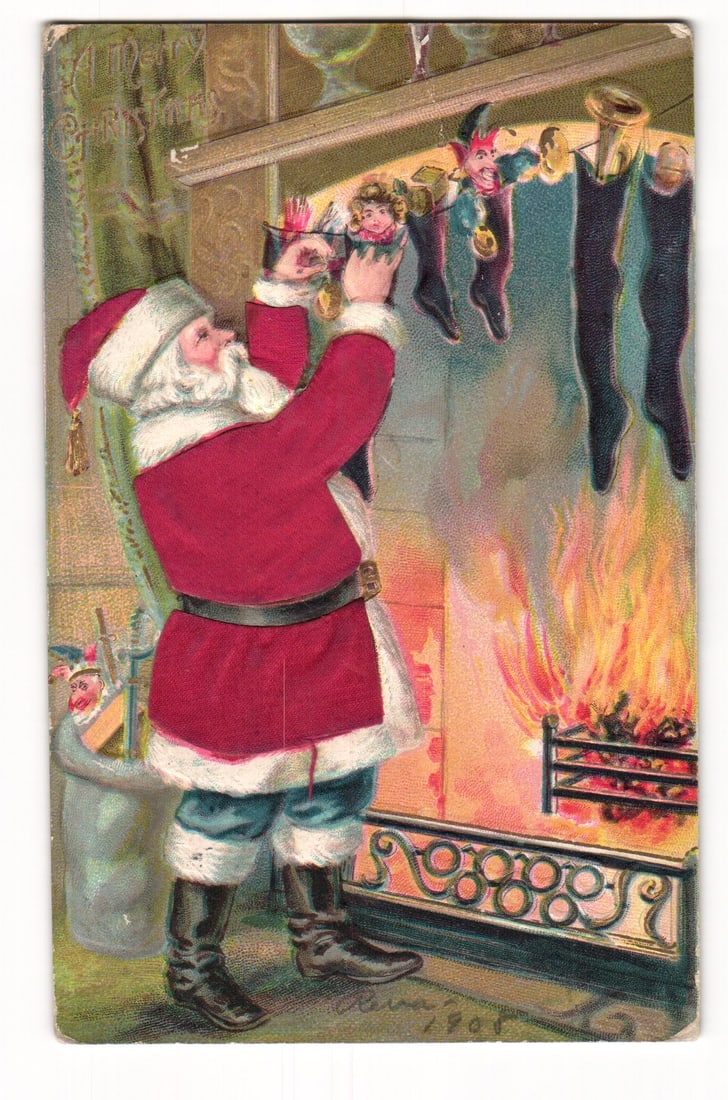 Clapsaddle Santa Claus 'A Merry Christmas' by Fireplace, Toys in Stockings 1908 Postcard (1 of 2)