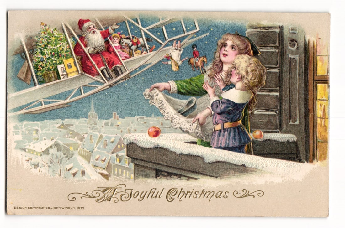1913 John Winsch Christmas Postcard: Santa in Airplane Delivering Toys to Children on Rooftop (1 of 2)