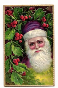 Santa Claus with Purple Hat & Holly, Embossed Christmas Greetings Postcard, Printed in Germany
