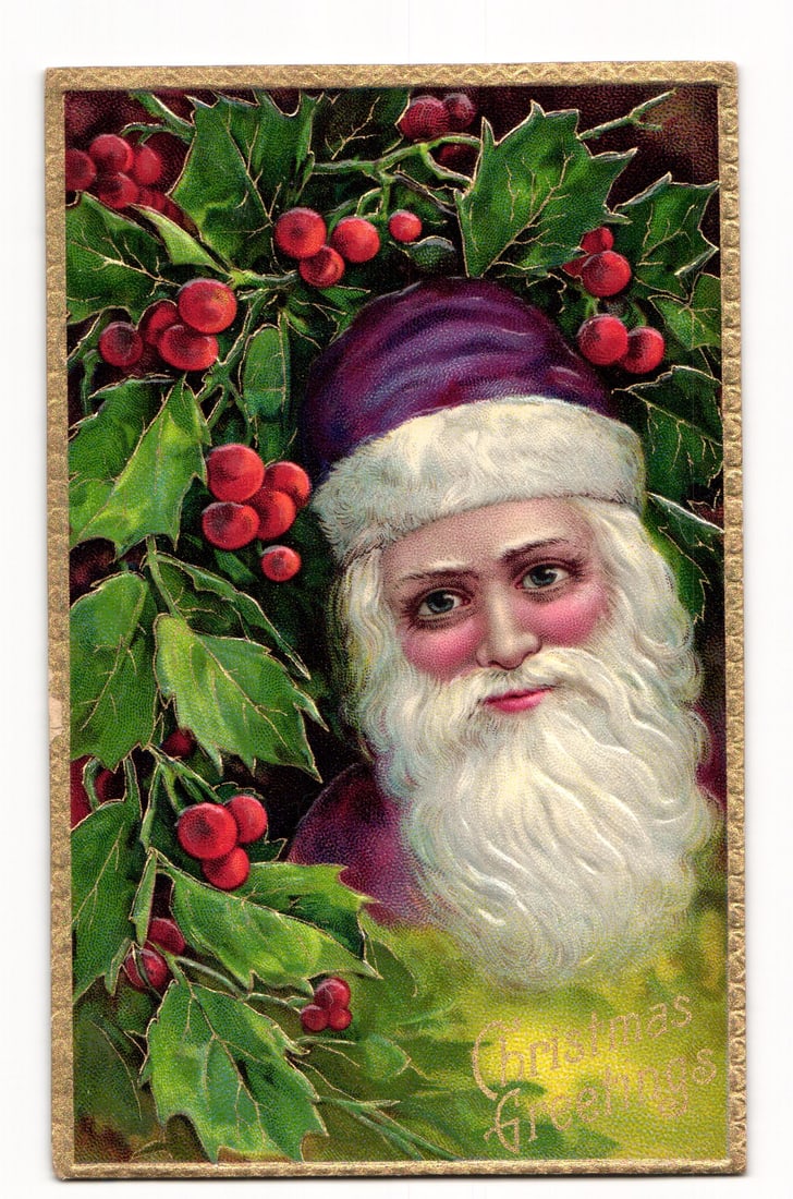 Santa Claus with Purple Hat & Holly, Embossed Christmas Greetings Postcard, Printed in Germany (1 of 2)