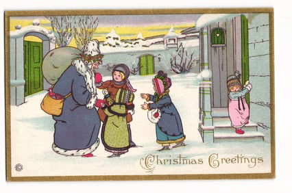 Antique Christmas Greetings Postcard: Santa Claus Figure with Children in Snowy Scene, USA Made
