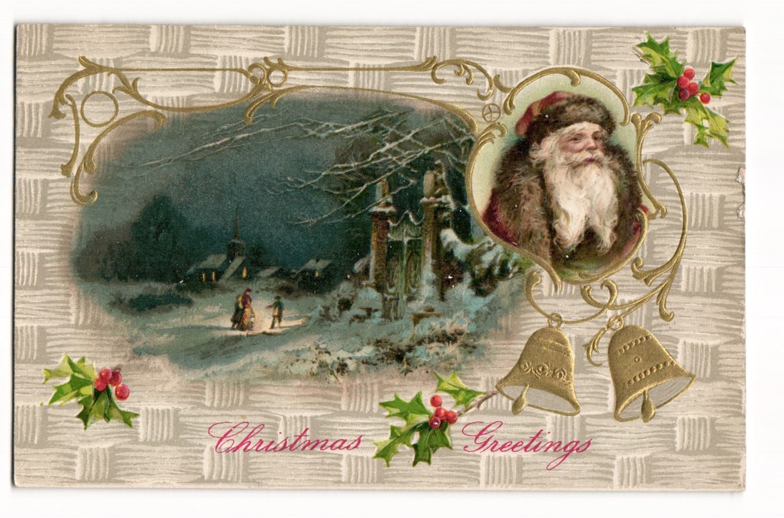 Embossed Christmas Greetings Postcard: Santa Claus, Snowy Village Scene, Bells, Holly Accents (1 of 2)