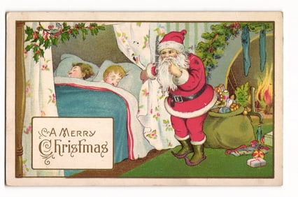 Illustrated Christmas Postcard: Santa Claus with Toys by Sleeping Children, 1919 Brooklyn PM