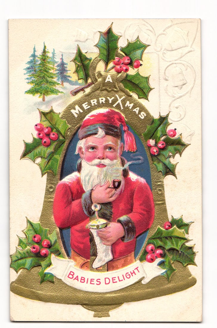 Embossed Santa Claus "A Merry Xmas, Babies Delight" Holly & Bell Motif Postcard, 1909 Postmark (1 of 2)