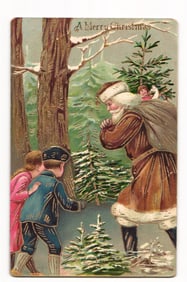 Embossed Christmas Postcard: Santa & Children in Snowy Woods, "A Merry Christmas", No. 144