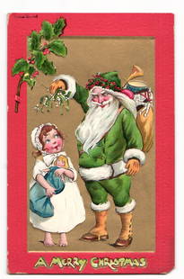 Christmas Postcard: Santa with Mistletoe and Girl, Raphael Tuck & Sons "Crimson and Gold" No. 501: A color chromolithograph illustration depicts Santa Claus and a young girl. Santa, with a white beard and rosy cheeks, is dressed in a green suit trimmed with white fur and a matching hat adorned with