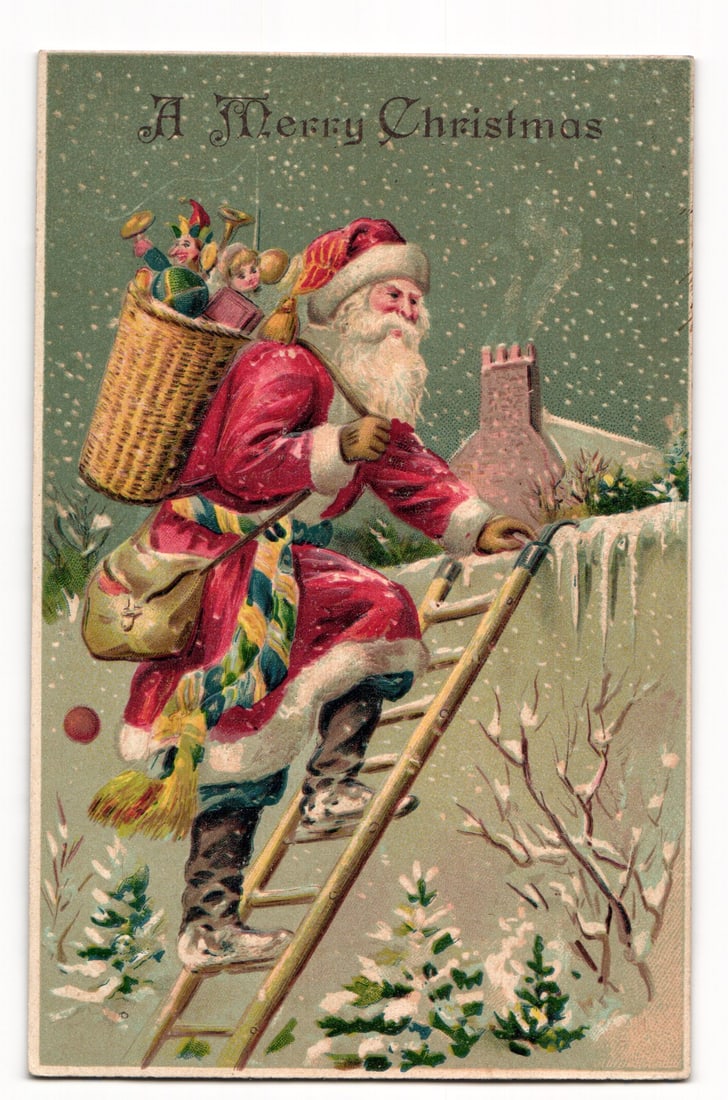 Santa Claus Climbing Ladder, "A Merry Christmas" Greetings, Chromolithograph Postcard c. 1907 (1 of 2)