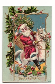 Antique Christmas Postcard: Santa Claus on White Horse with Tree and Toys, Embossed Holly Border