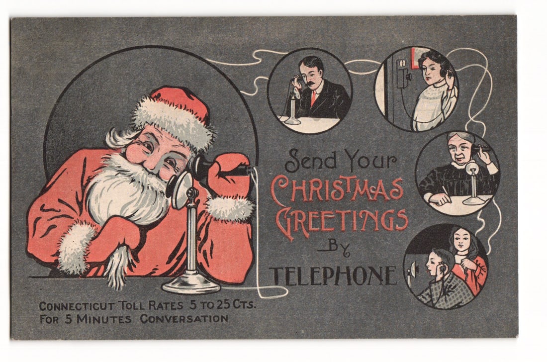 Antique Christmas Postcard: Santa Claus Sends Greetings By Telephone, Connecticut Toll Rates Ad (1 of 2)