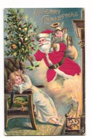 Embossed 1906 Santa Claus with Tree & Sleeping Girl, "A Merry Christmas" greeting postcard