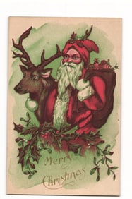 Antique Christmas Postcard: Santa Claus with Reindeer, Holly, and Toys; Addressed to Maine