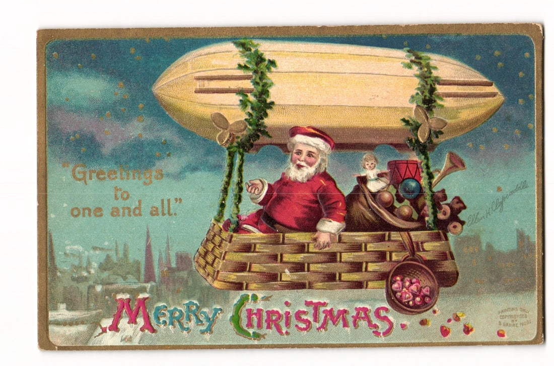 Santa Claus in Dirigible Airship "Merry Christmas" Greetings, S. Garre 1908 Embossed Postcard: An illustration depicts Santa Claus in a red suit and hat, seated within the wicker gondola of a yellow dirigible airship. The airship is adorned with green garlands and four brown, multi-bladed objec