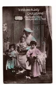 Antique Christmas Postcard: Woman & Children with Toys, Hand-Colored Photo, Sent 1912 Lynn, MA