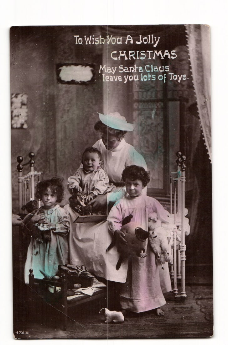 Antique Christmas Postcard: Woman & Children with Toys, Hand-Colored Photo, Sent 1912 Lynn, MA (1 of 2)