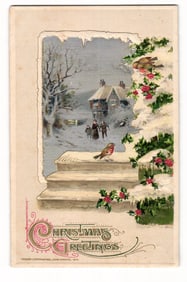 Antique Christmas Greetings Postcard, Winter Scene with Robin & Skaters, John Winsch 1912 Germany